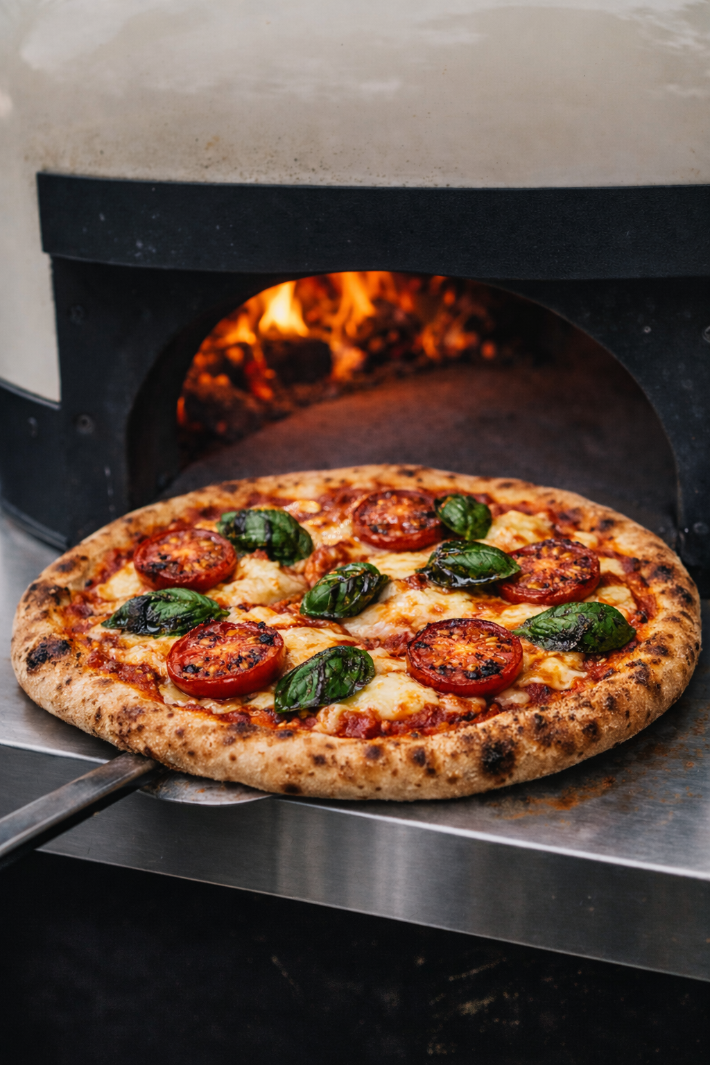 Wood-fired pizza near me – Plain Jane pizza with tomato passata, mozzarella, cheddar, vine tomatoes and basil from Azure WoodFired Pizza
